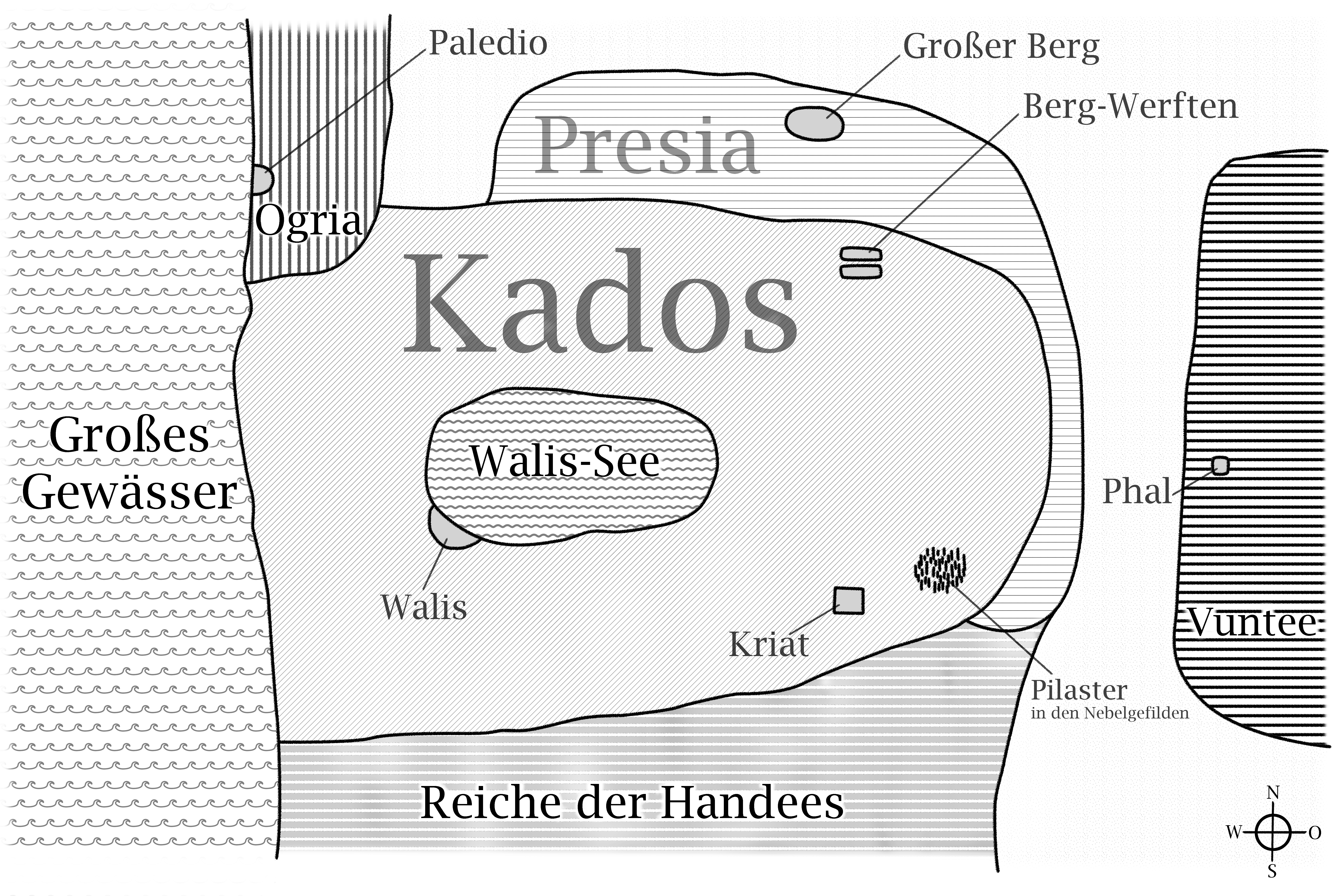Fantasy-Weltkarte aus "Die Legende von Kados" mit transparentem Hintergrund und Beschriftung