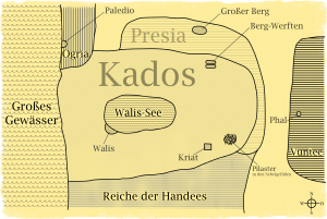 Fantasy-Weltkarte aus "Die Legende von Kados" mit ausgefransten Rändern und Beschriftung
