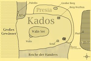 Fantasy-Weltkarte aus "Die Legende von Kados" mit beigem Hintergrund und Beschriftung